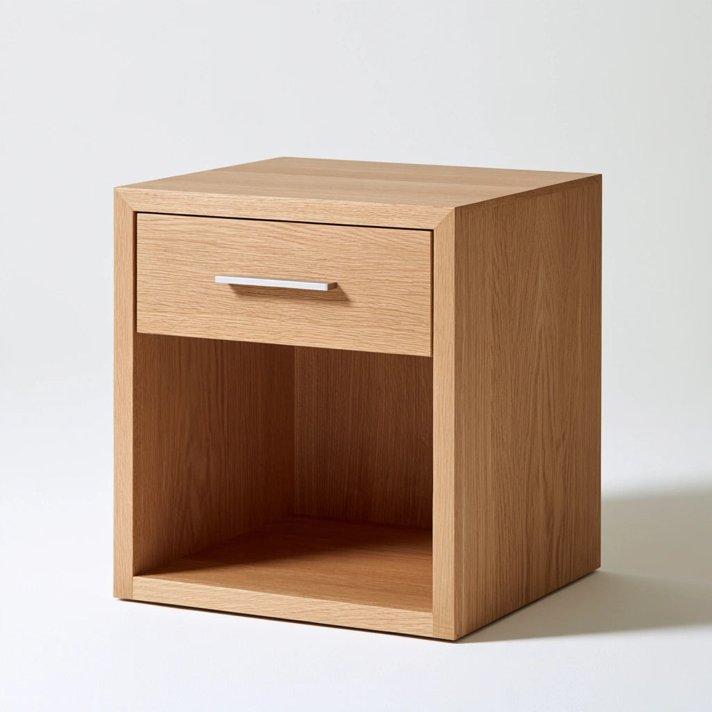 Wisząca szafka nocna z drewna dębowego w jasnobrązowym kolorze, nowoczesny mebel do sypialni od Timbertechbenchco