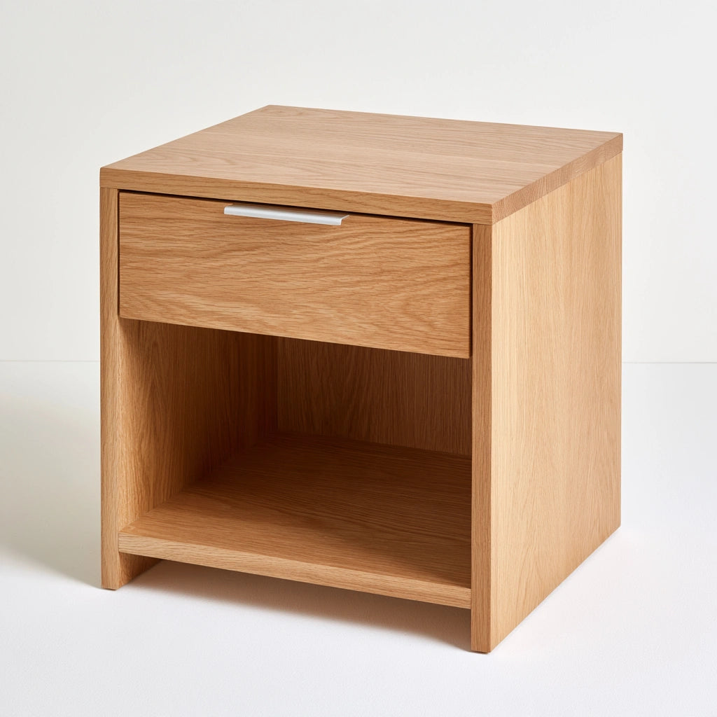 Wisząca szafka nocna z jasnobrązowego drewna dębowego, mebel do sypialni marki TimberTechBenchCo, nowoczesny design.