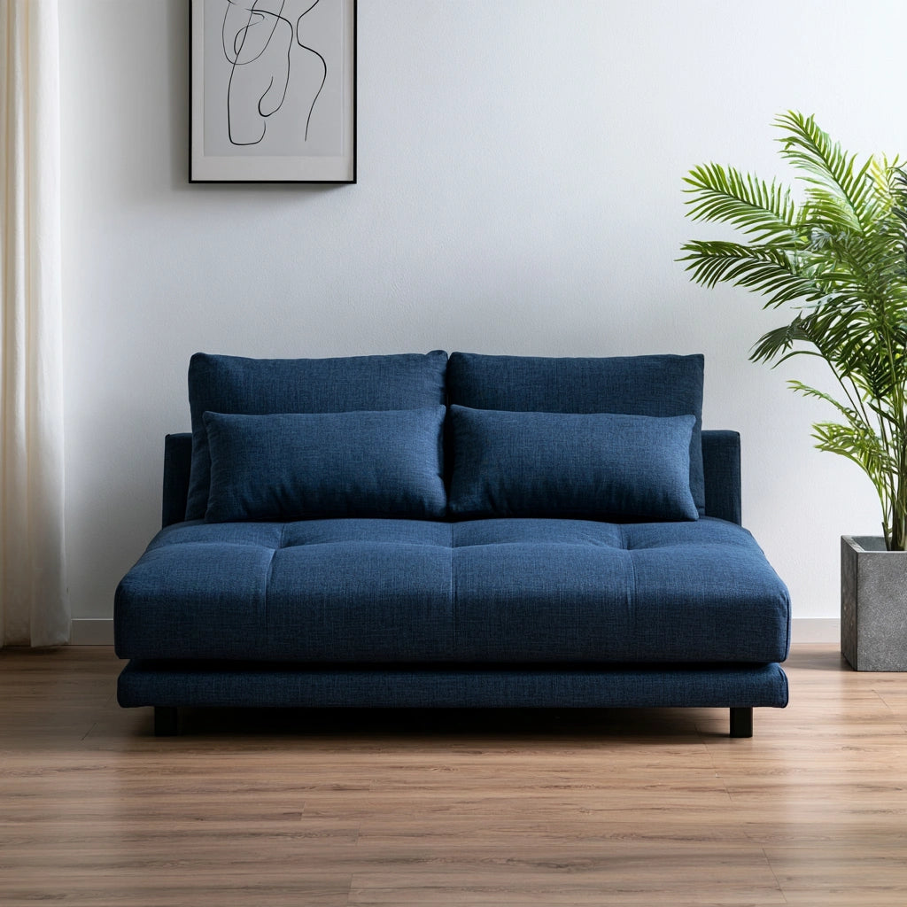 Rozkładana sofa do spania z tapicerki tkaninowej, składana konstrukcja, w kolorze niebieskim, idealna do salonu.