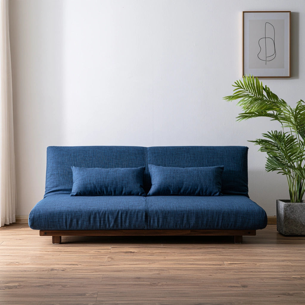 Rozkładana sofa do spania z tapicerki tkaninowej w kolorze niebieskim, składana konstrukcja, mebel do salonu marki Timbertechbenchco